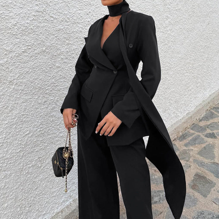 Women Office Waist Controlled Collared Long Sleeve Top Loose Trousers Two Piece Set
