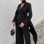 Women Office Waist Controlled Collared Long Sleeve Top Loose Trousers Two Piece Set