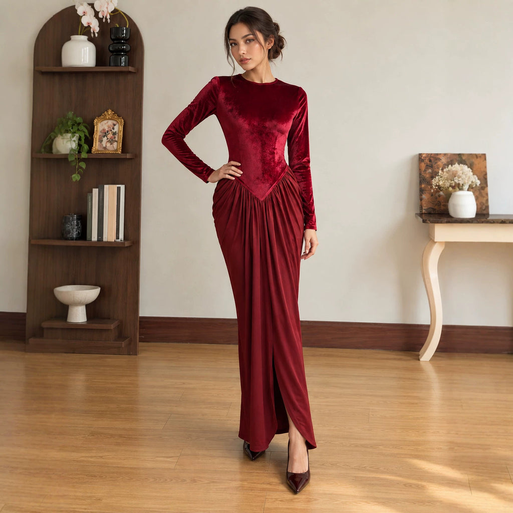 's Autumn Winter Velvet Dress Round Neck Long Sleeve Fitted Waist Pleated Split Dinner Dress Dress