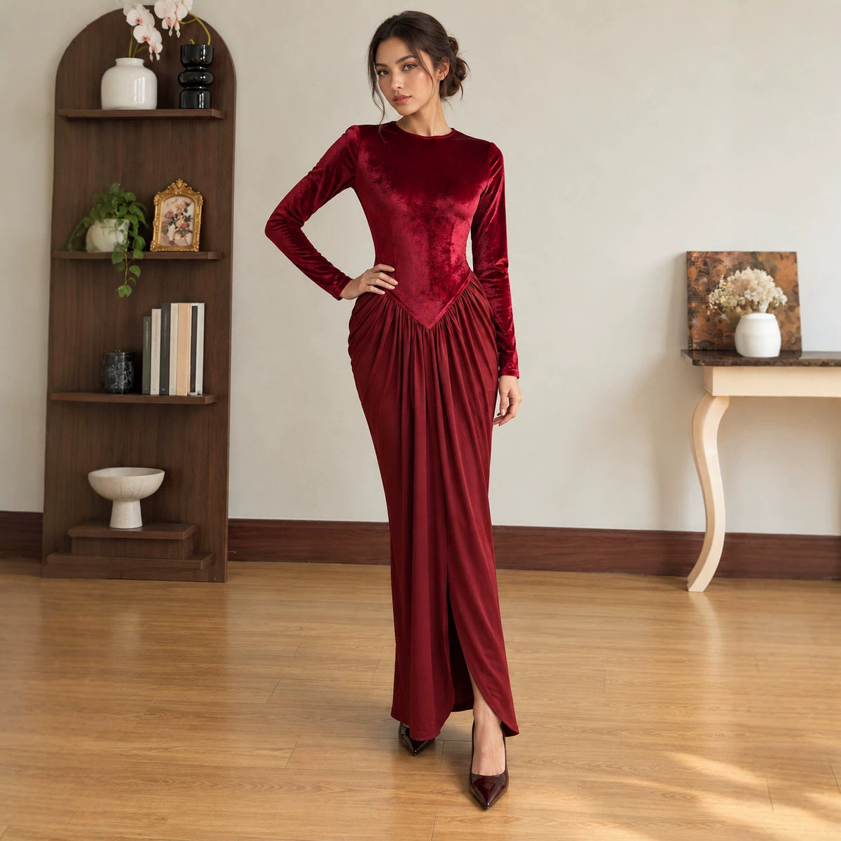 's Autumn Winter Velvet Dress Round Neck Long Sleeve Fitted Waist Pleated Split Dinner Dress Dress