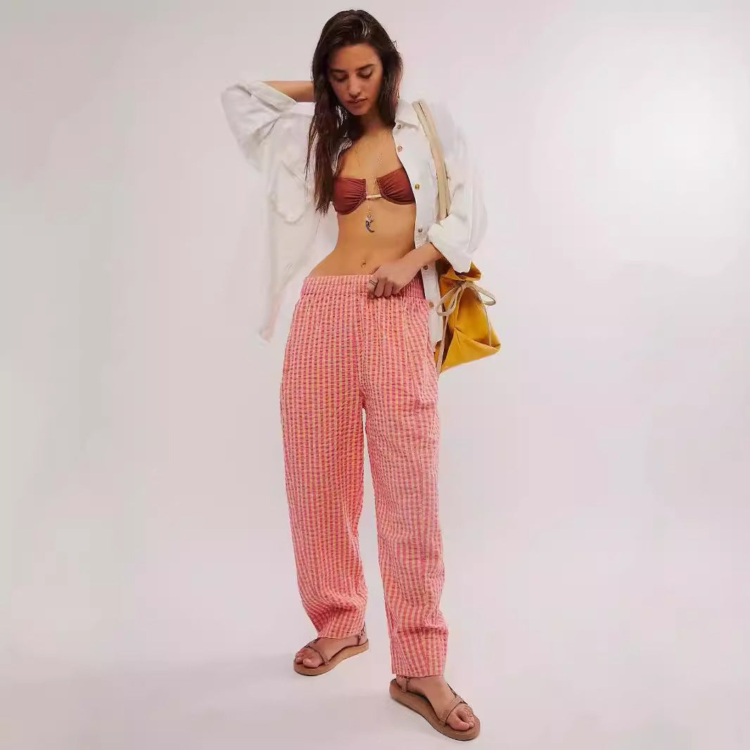 Women's Plaid Straight Leg Pants Women's Thin High Pants