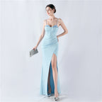 Women's Dress Boning Corset Waist Tight Water Ordering Bright Crystal Satin Host Annual Party Evening Dress