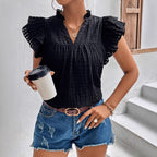 Women's Clothing Women Summer Solid Color V Neck Ruffle Sleeve Short Sleeve Top T Shirt