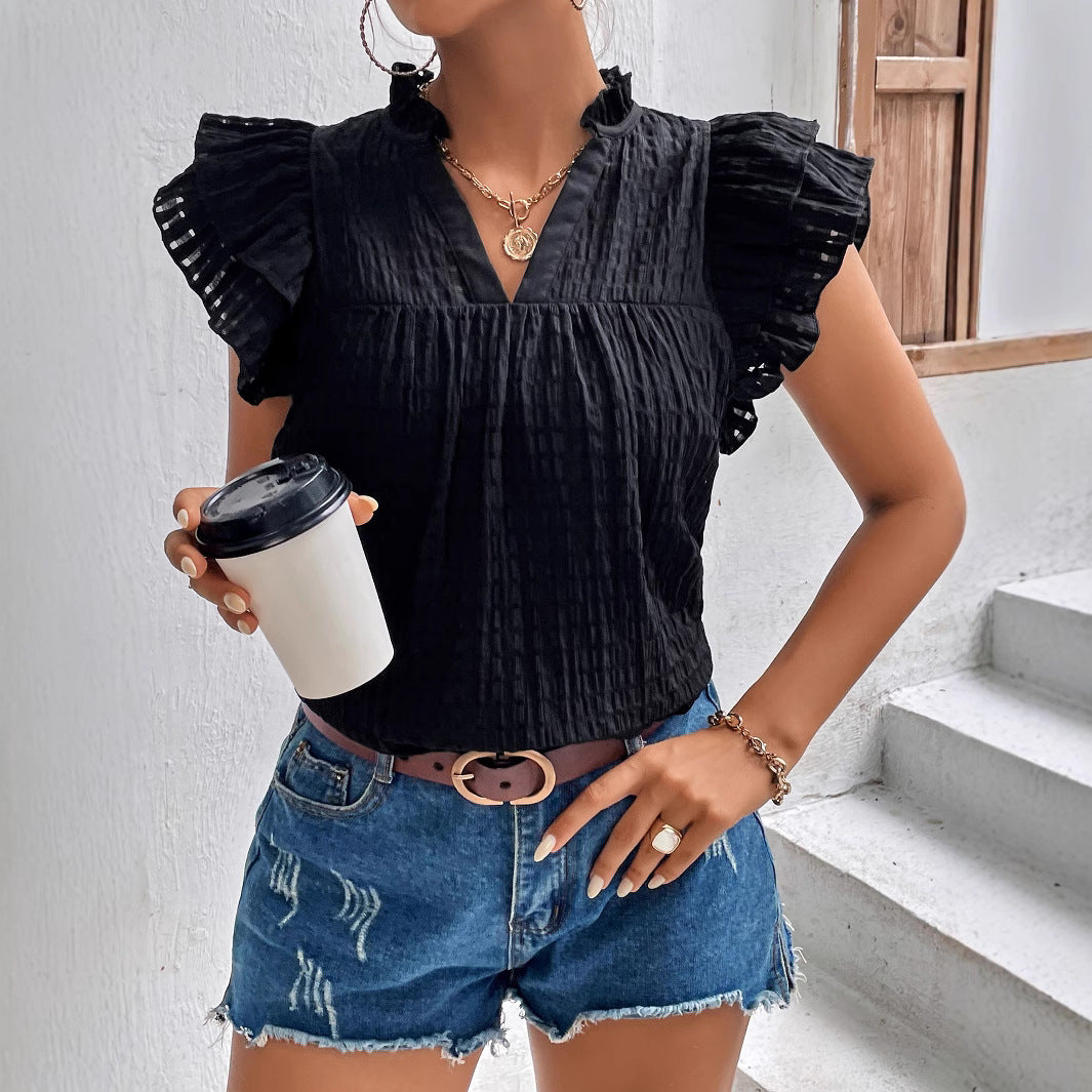 Women's Clothing Women Summer Solid Color V Neck Ruffle Sleeve Short Sleeve Top T Shirt