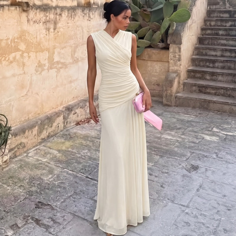 Women's French V-Neck Draped Maxi Dress