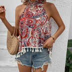 Women's Paisley Tassel Halter Crop Top