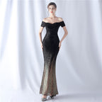 Women's Gradient Sequin Embellished Mix Match Beads Elegant Evening Dress