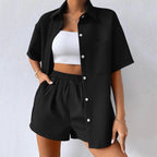 Women's Summer Suit Loose Casual Short-Sleeve Shirt Elastic Waist Shorts Two-Piece Set