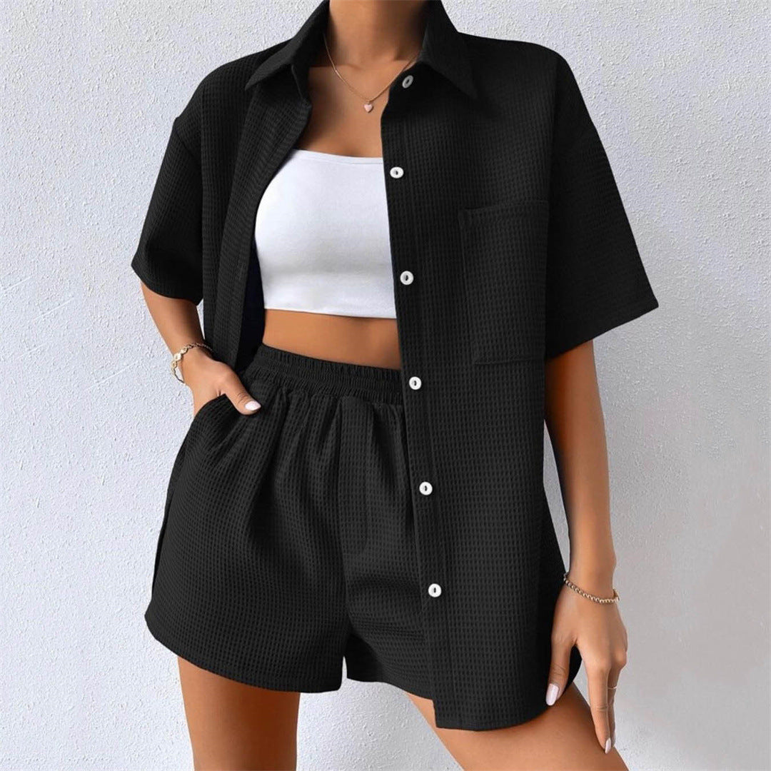 Women's Summer Suit Loose Casual Short-Sleeve Shirt Elastic Waist Shorts Two-Piece Set