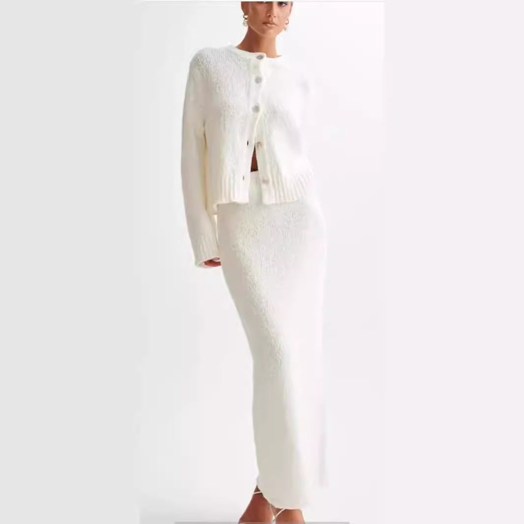 Women's White Knit Jacket & Skirt Two-Piece Set