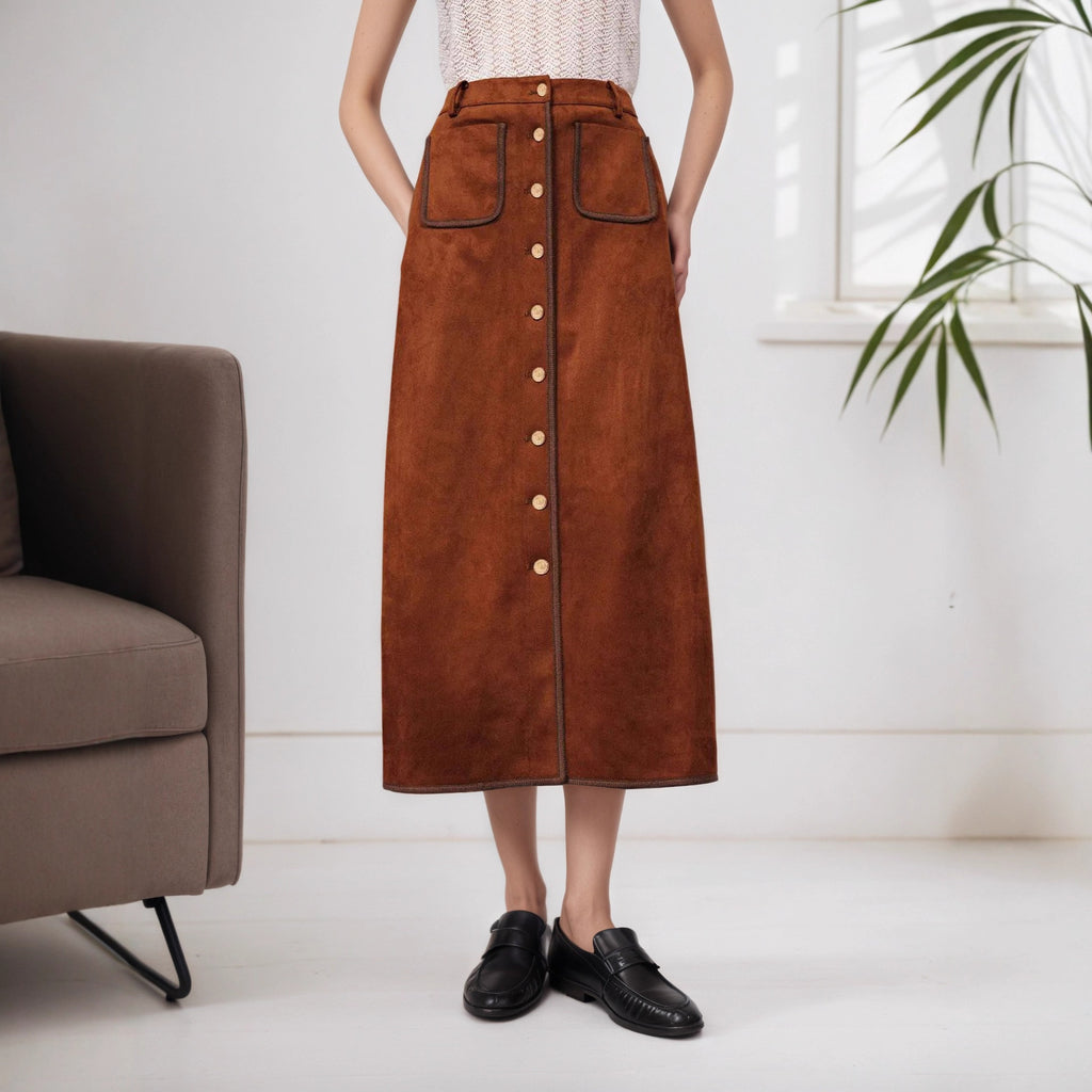 Women's Vintage Suede High-Waist Button Midi Skirt