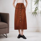 Women's Vintage Suede High-Waist Button Midi Skirt