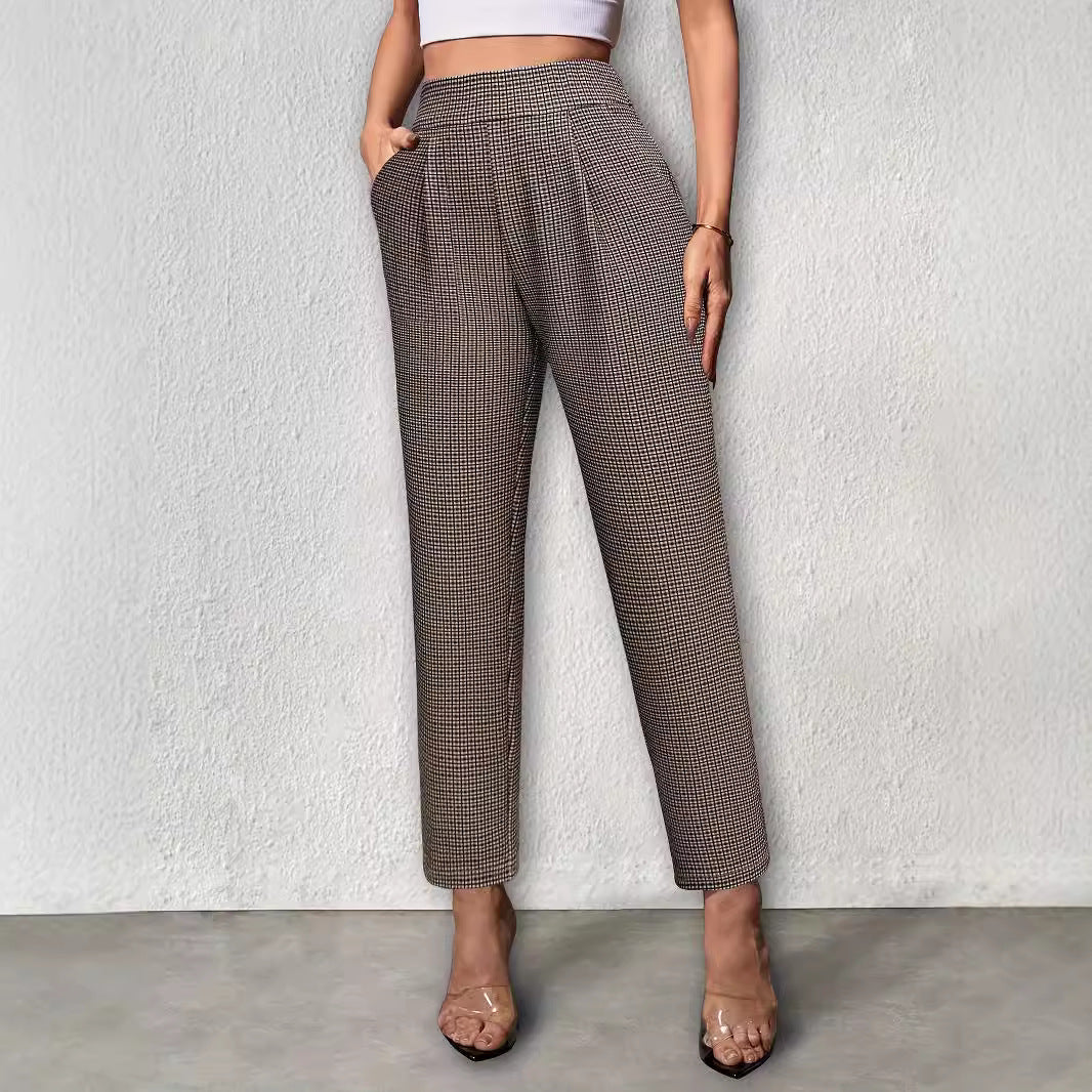 Women's brown textured check trousers with high waist and straight legs