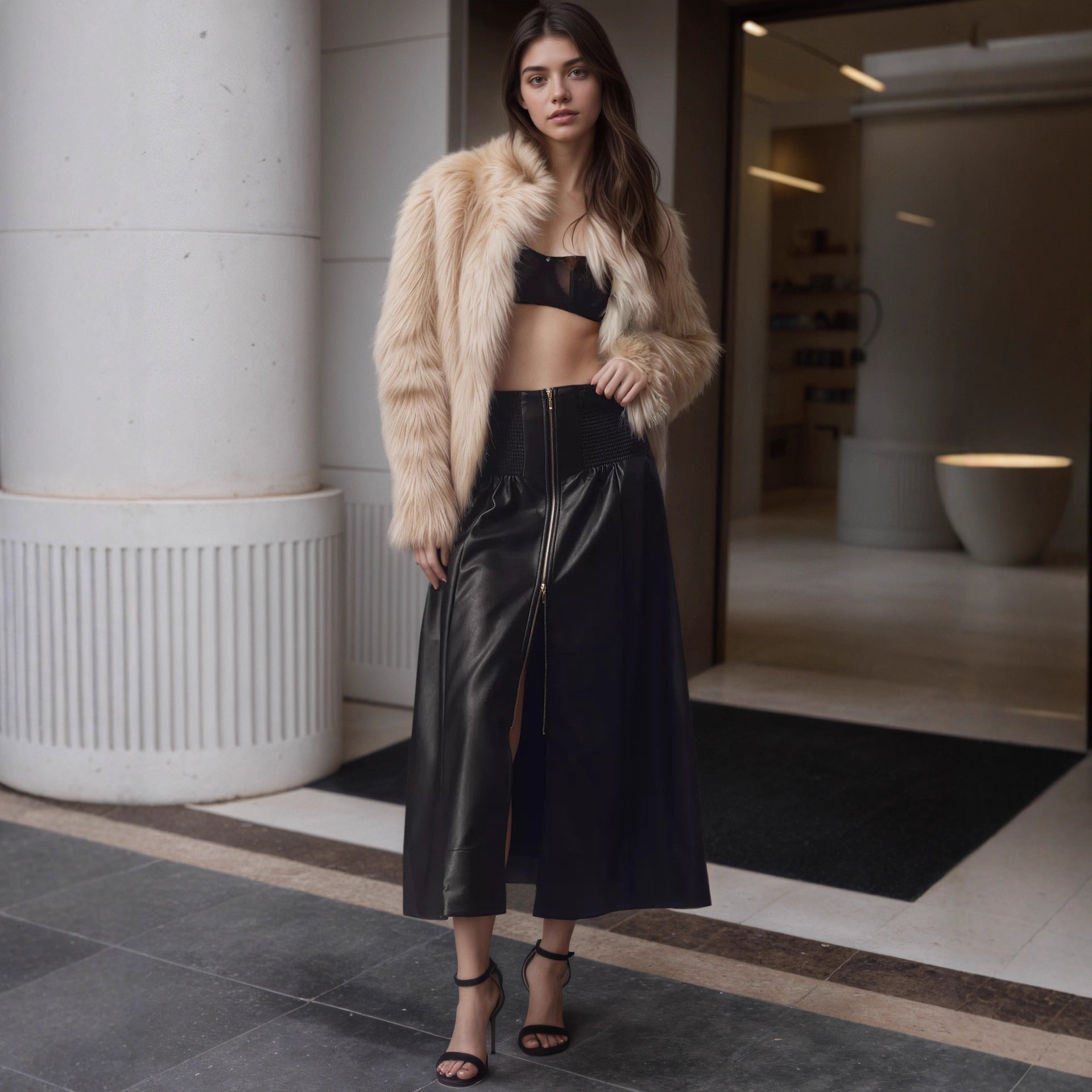 Women's High Waist Smocking Black Faux Leather Skirt Women Spring Autumn Skirt Mid Length Umbrella Skirt