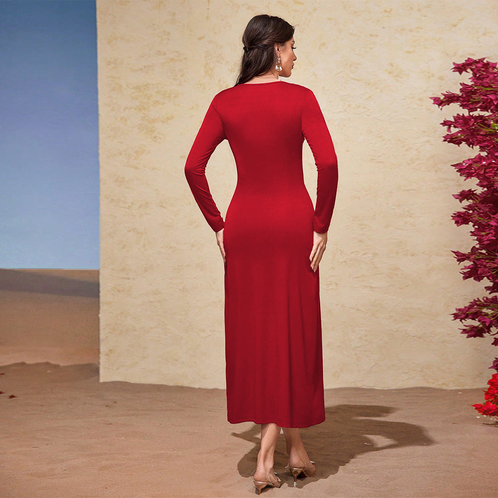 Women's French Elegant Dress V neck Slim Fit Slimming Red Midi Dress