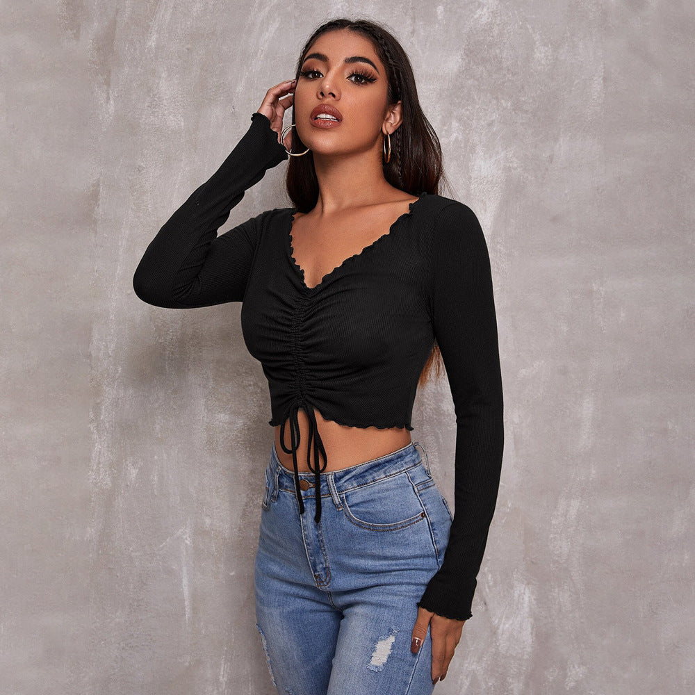 Women's V Neck Long Sleeved T Shirt Casual Simple Design Bottoming