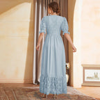 Women's Short Sleeve Dress Lantern Sleeve V Neck High Waist Embroidered Mesh Maxi Dress