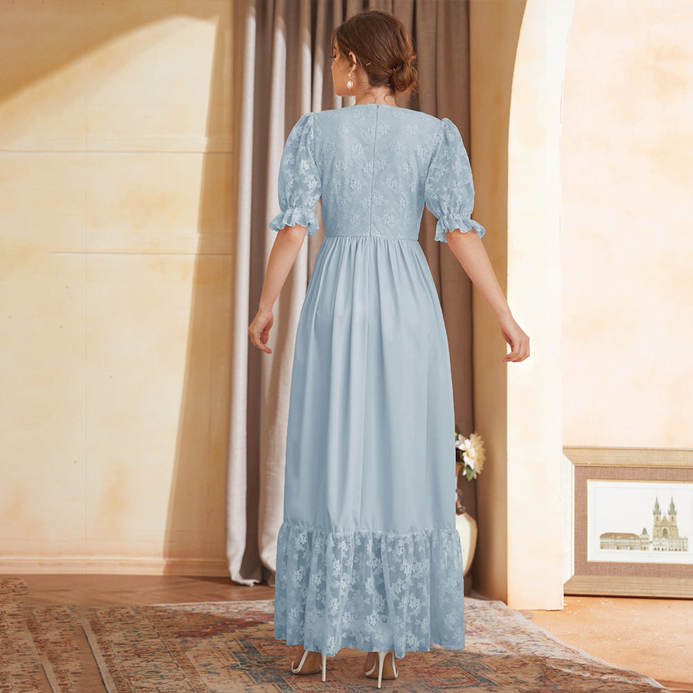Women's Short Sleeve Dress Lantern Sleeve V Neck High Waist Embroidered Mesh Maxi Dress