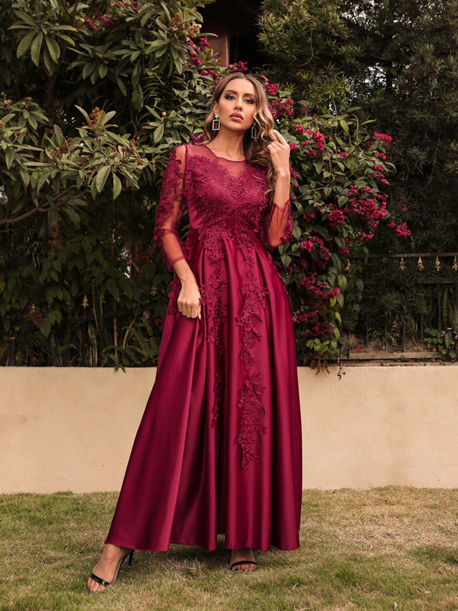 Women's Crew-Neck Lace Long-Sleeve Evening Dress