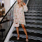 Sweet Ruffled Double V-Neck Printed Loose Mini Dress