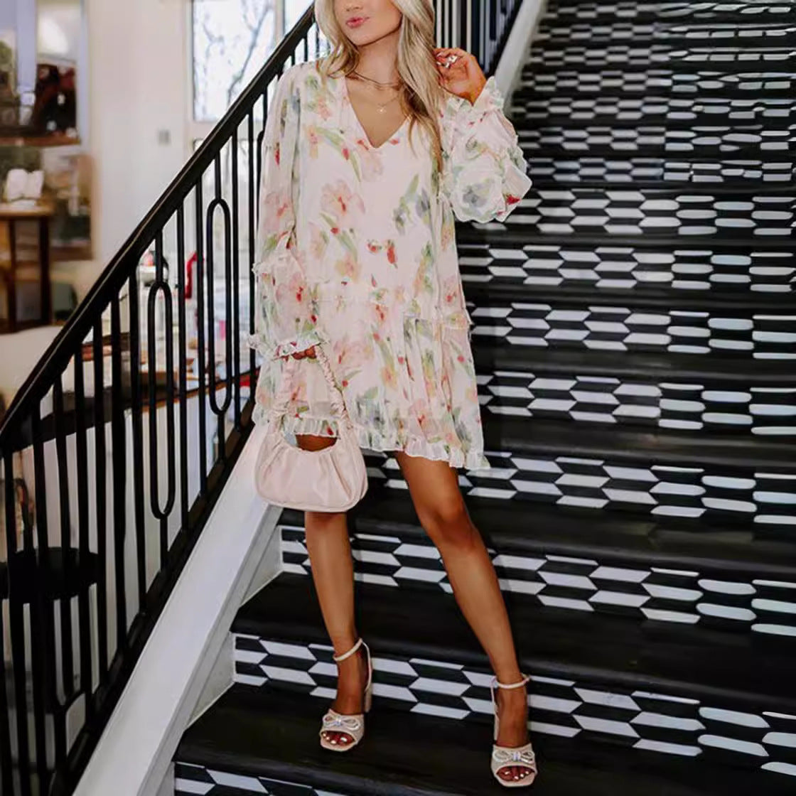 Sweet Ruffled Double V-Neck Printed Loose Mini Dress