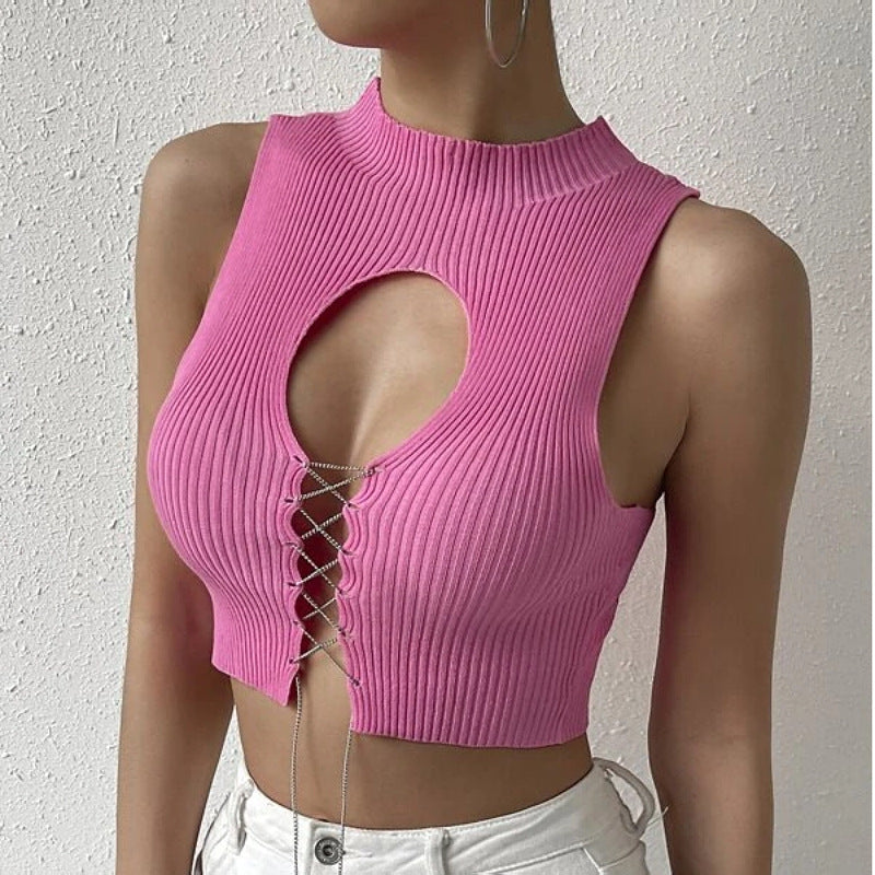 's Top Hollow Out Cutout Out Strap Solid Color Short Slim