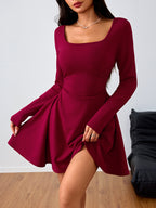 Burgundy long-sleeve summer dress with square neckline and fitted waist, flared skirt