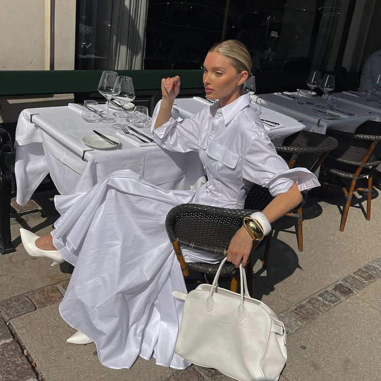 Design Pleated Single Breasted Shirt Dress Autumn Polo Collar Long Sleeve High Waist White Long Dress