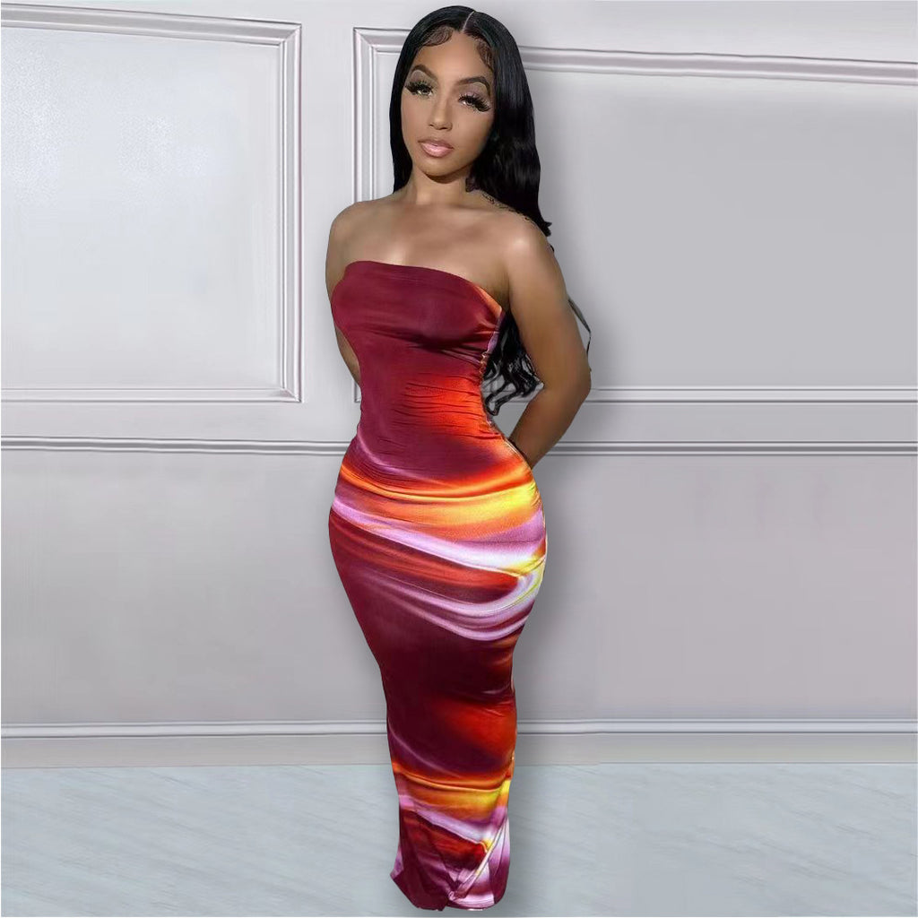 Summer Off The Shoulder Strapless Floral Print Slit Dress