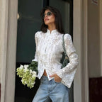 Lace Stitching See through Buckle Flare Sleeve T shirt