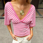 Spring Summer Sexy Fitted Waist Striped Deep V Plunge neck