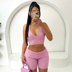 Spring Summer Thread Halter Cut Out Rope Vest Fold High-Waisted Short Set
