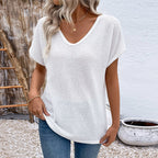 White V-Neck Cutout Short Sleeve Top