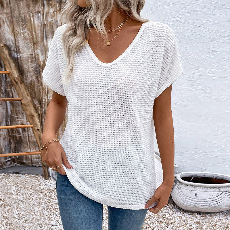 White V-Neck Cutout Short Sleeve Top