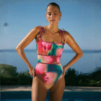 Women's Swimsuit Bow Suspenders Blooming One Piece Swimsuit