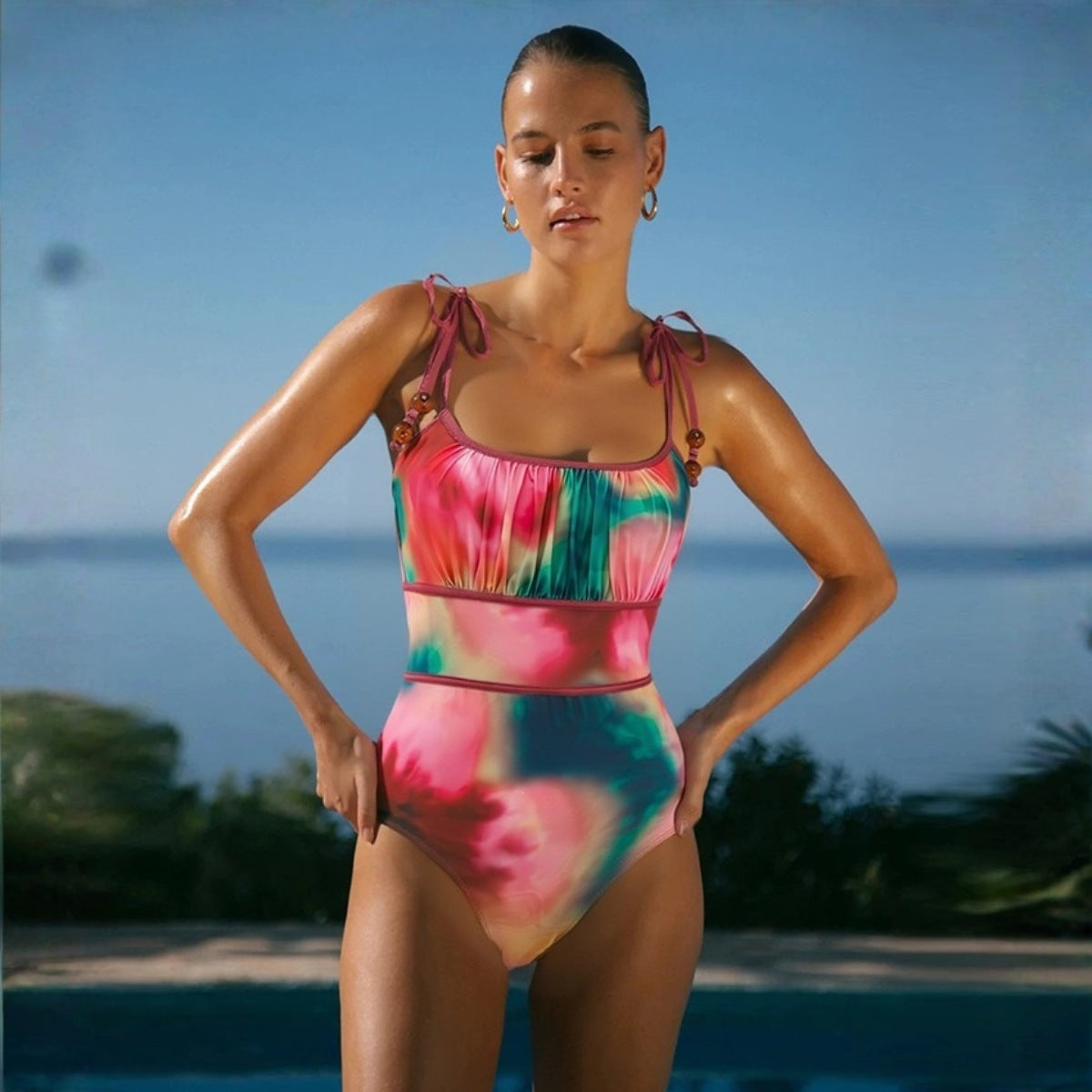 Women's Swimsuit Bow Suspenders Blooming One Piece Swimsuit