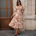 French Long Sleeve V-Neck Split Print Dress