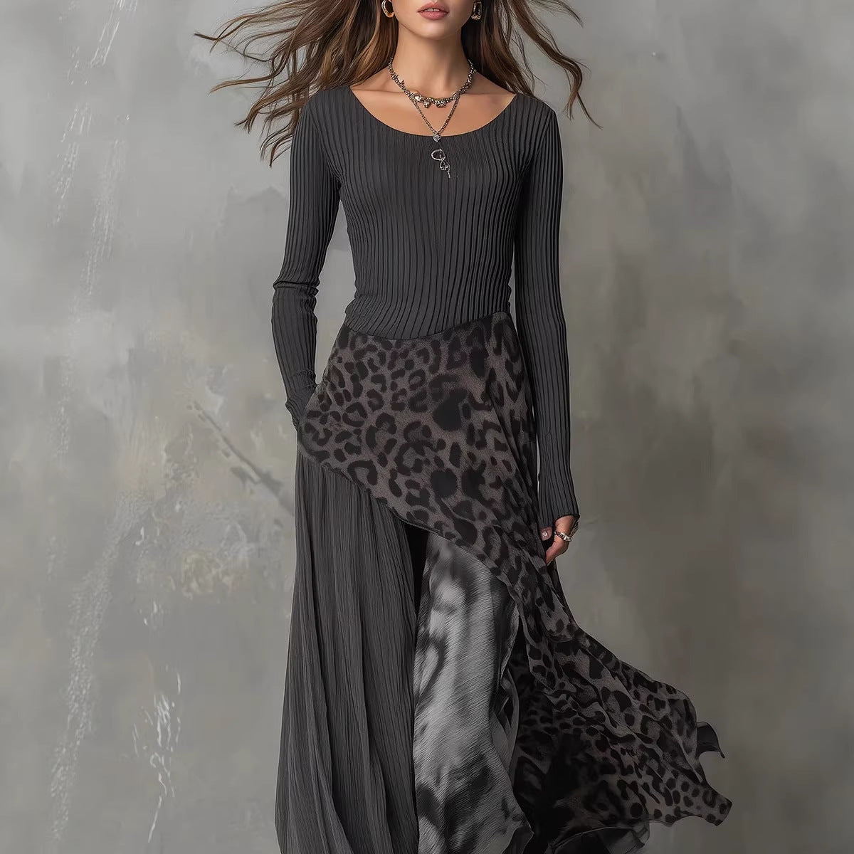 Leopard Print Elastic Waist Large Swing Casual Dress
