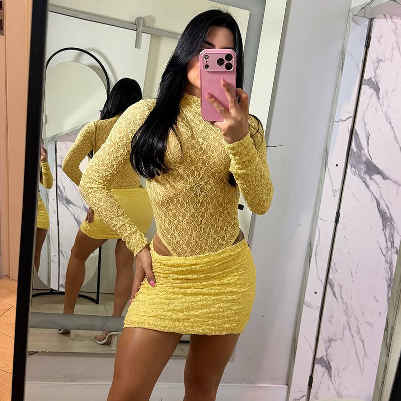 Women's Lace Long-Sleeve Top & Sheath Skirt Set