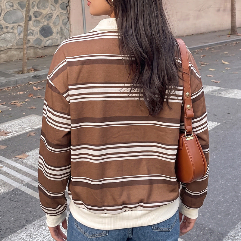 Women's Striped Polo-Collar Sweater
