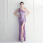 Women's Floral Oblique Shoulder Collar Split Dinner Celebration Sequin Dress