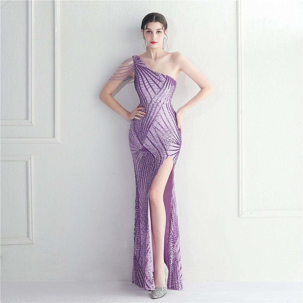 Women's Floral Oblique Shoulder Collar Split Dinner Celebration Sequin Dress