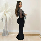 Women's Rhinestone Mesh Long Sleeve Slit Maxi Dress