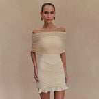 Off-Shoulder Mesh Ruffle Bodycon Mini Dress