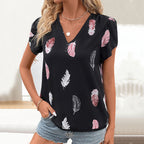 Women's Feather Print V-Neck Puff Sleeve Top