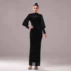 Women's Crew-Neck Sequin Split Long-Sleeve Bridesmaid Dress