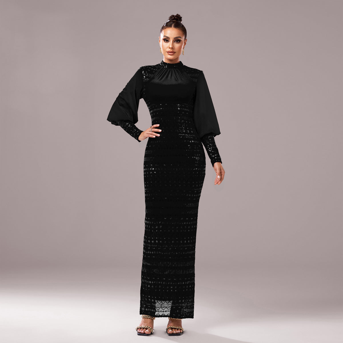 Women's Crew-Neck Sequin Split Long-Sleeve Bridesmaid Dress