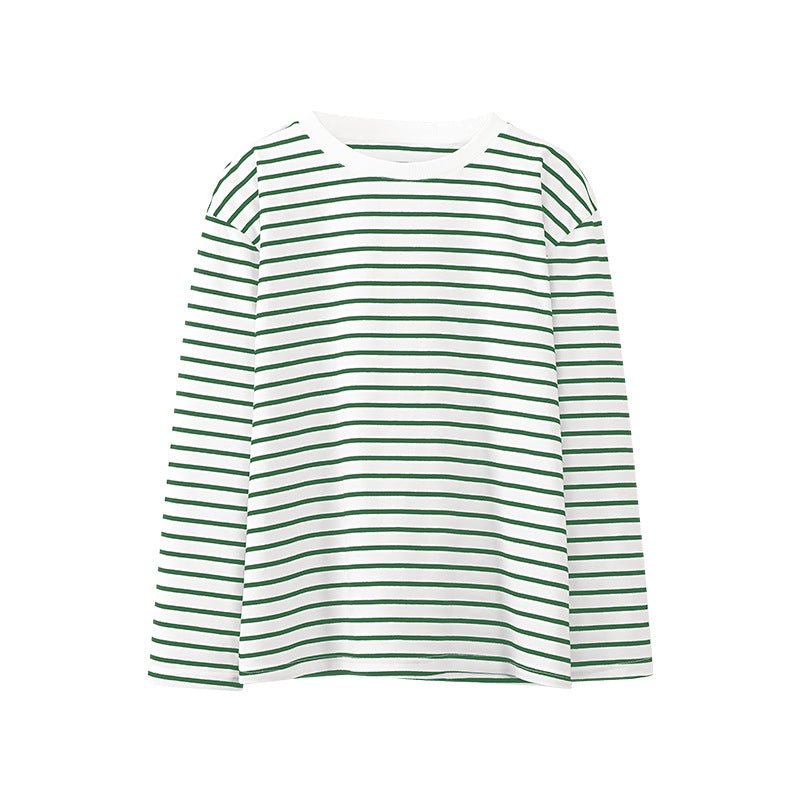 Women's Long Sleeved Striped T Shirt Spring Trendy Wild Casual Round Neck Cotton Striped T Shirt
