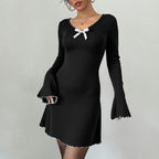 Women's Black White Contrast Bell-Sleeve A-Line Dress