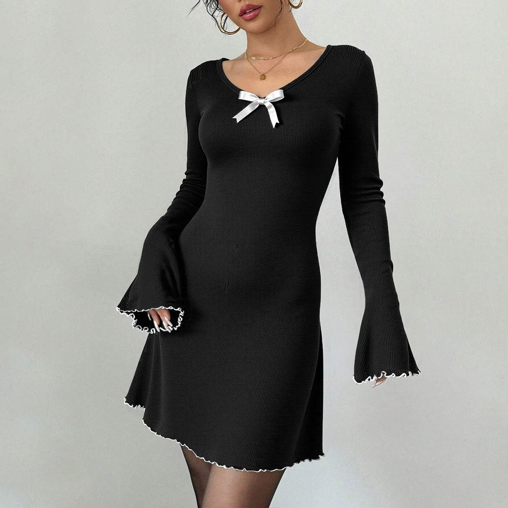 Women's Black White Contrast Bell-Sleeve A-Line Dress